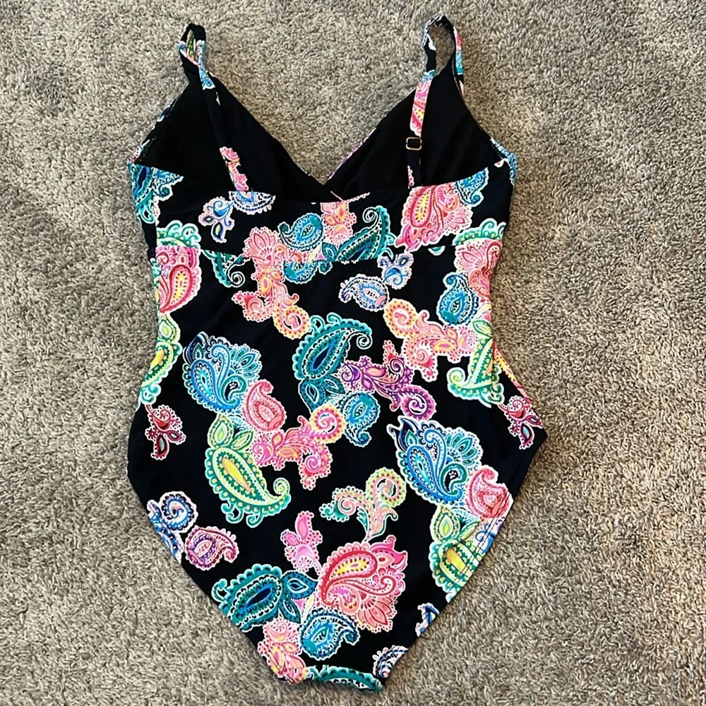 NWT $59 Leilani Poolside Paisley Kauai One Piece Swimsuit 12 Black Colorful New‎